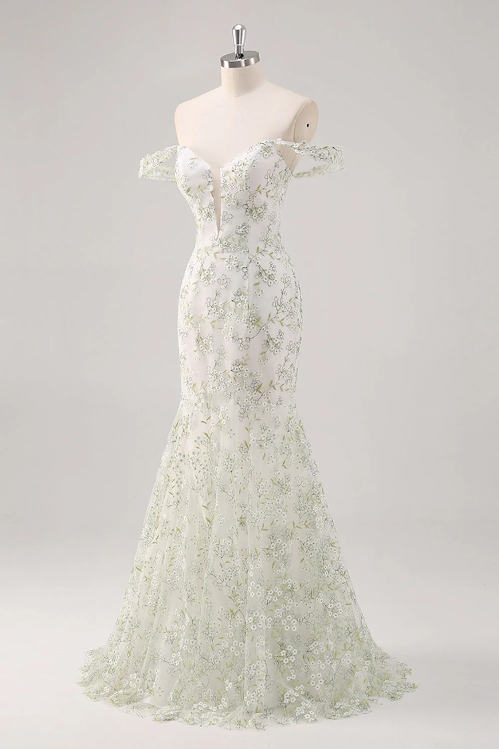 Mermaid White Green Flower Off The Shoulder Long Prom Dress - Image 3