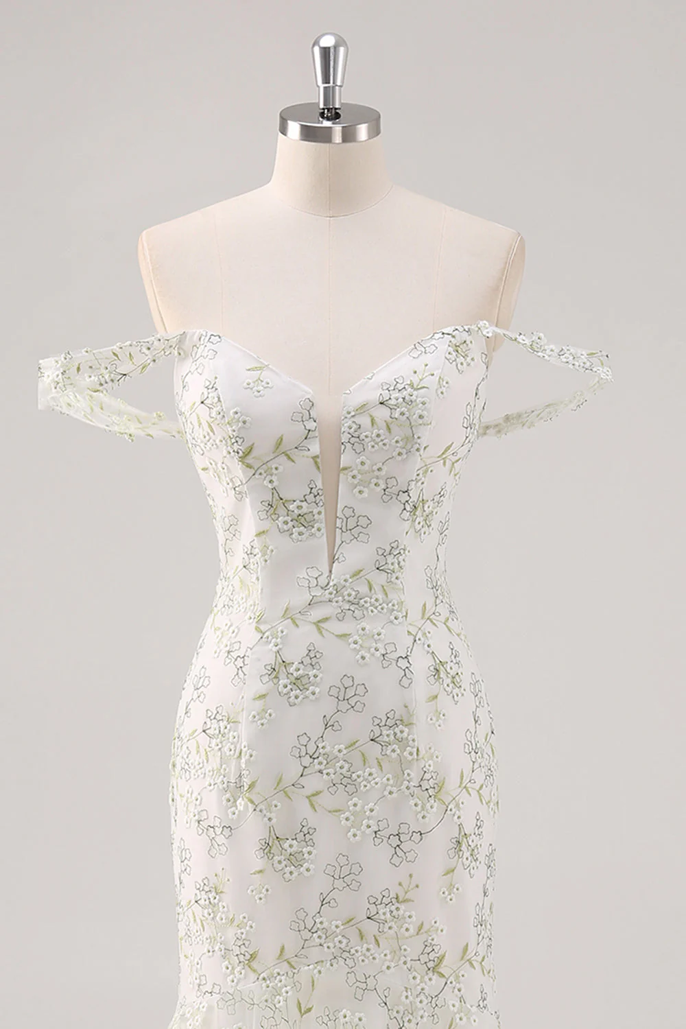 Mermaid White Green Flower Off The Shoulder Long Prom Dress - Image 4