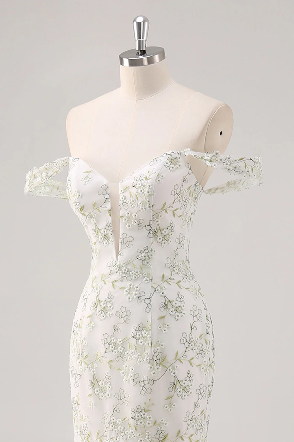 Mermaid White Green Flower Off The Shoulder Long Prom Dress - Image 6
