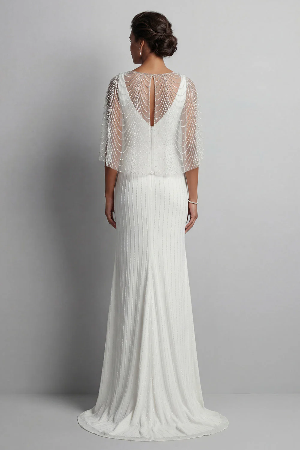 Mermaid White Pearls Long Enegagement Dress with Cape - Image 2