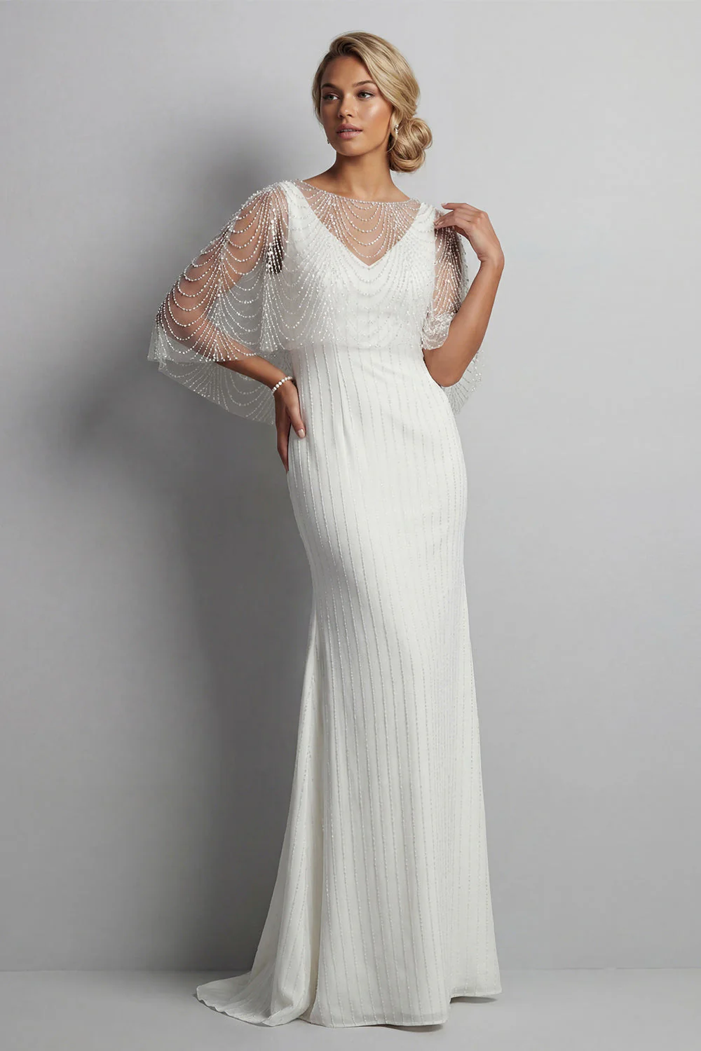 Mermaid White Pearls Long Enegagement Dress with Cape - Image 3