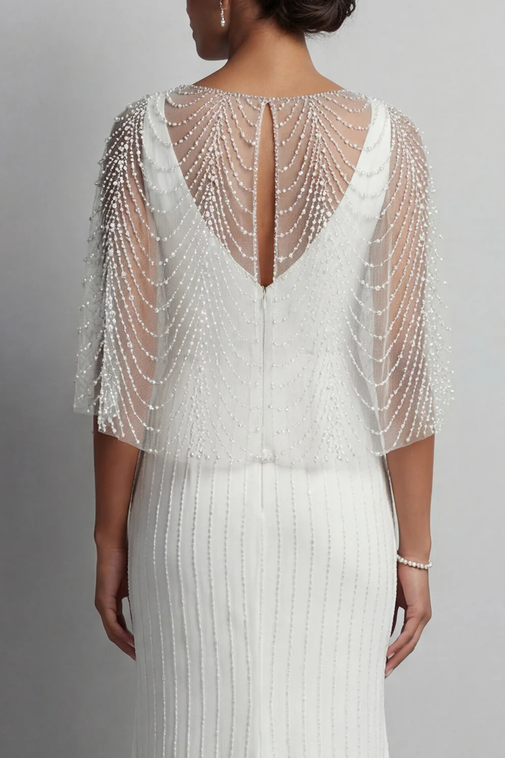 Mermaid White Pearls Long Enegagement Dress with Cape - Image 4