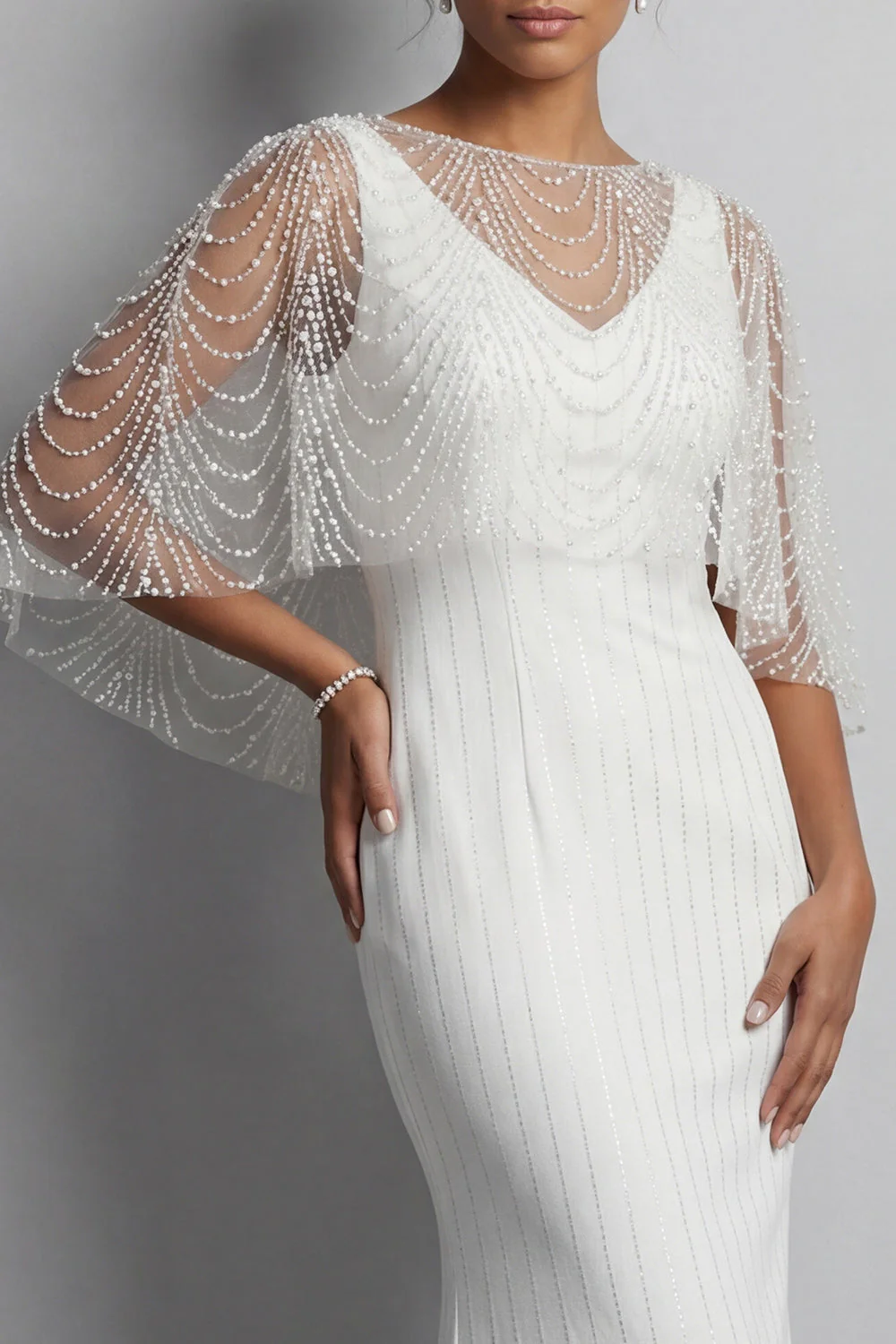 Mermaid White Pearls Long Enegagement Dress with Cape - Image 5