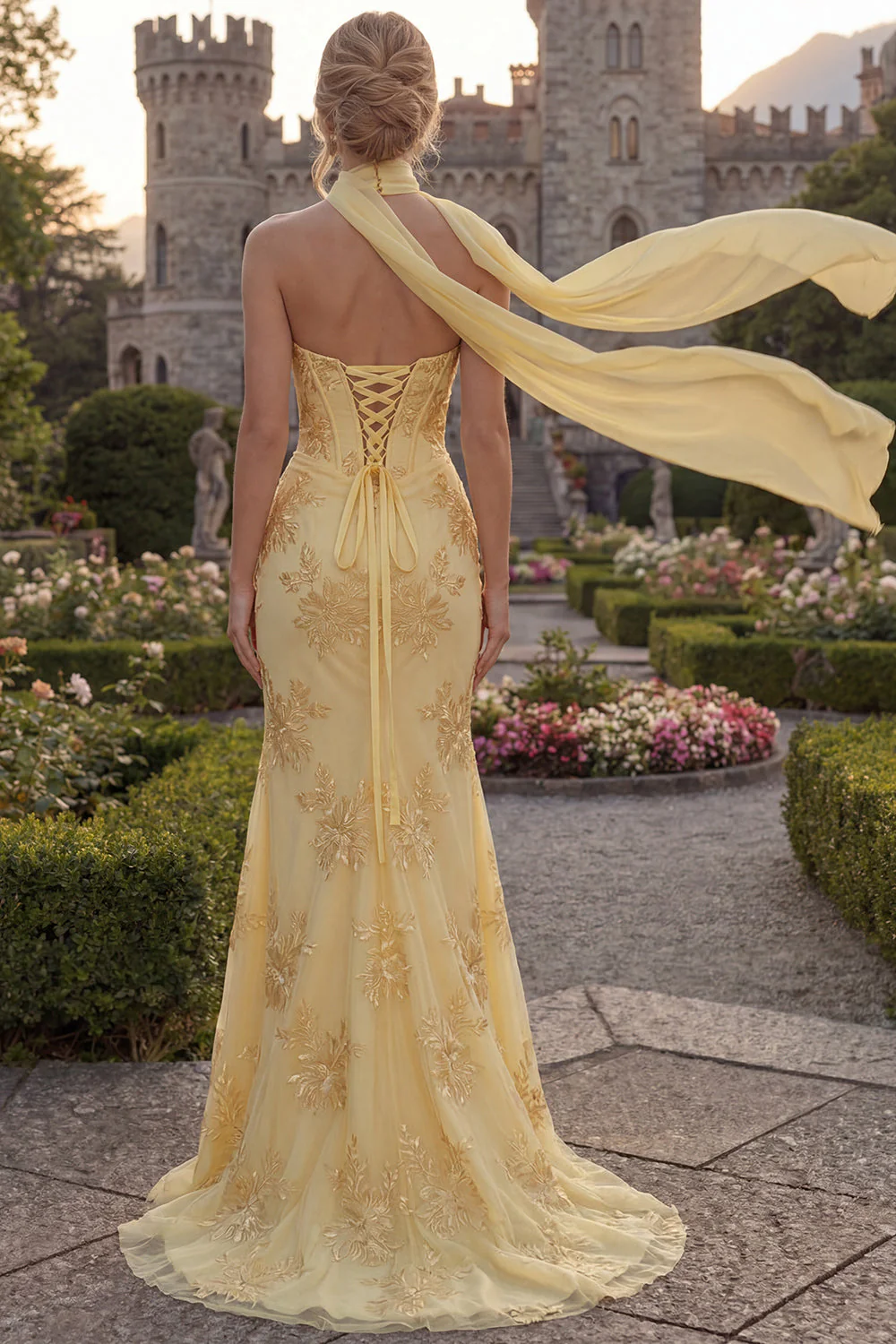 Mermaid Yellow Strapless Corset Long Prom Dress with a Neck Scarf - Image 2