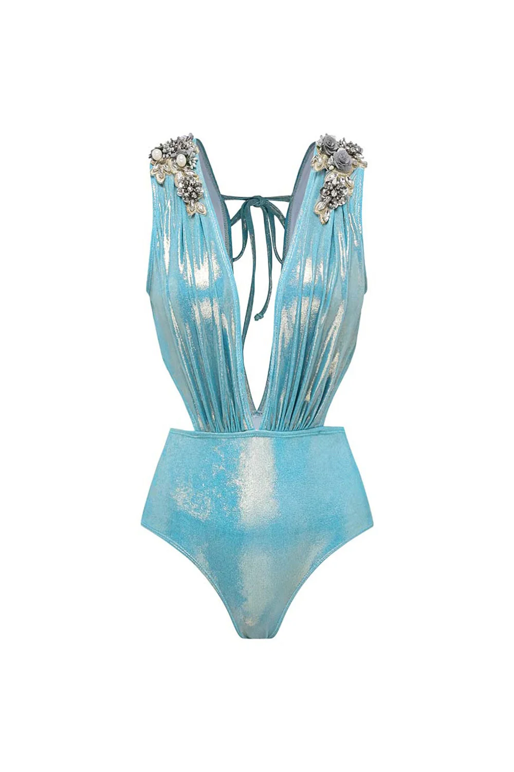 Metallic Blue V-Neck 2 Piece Beaded Swimsuit with Beach Dress - Image 2