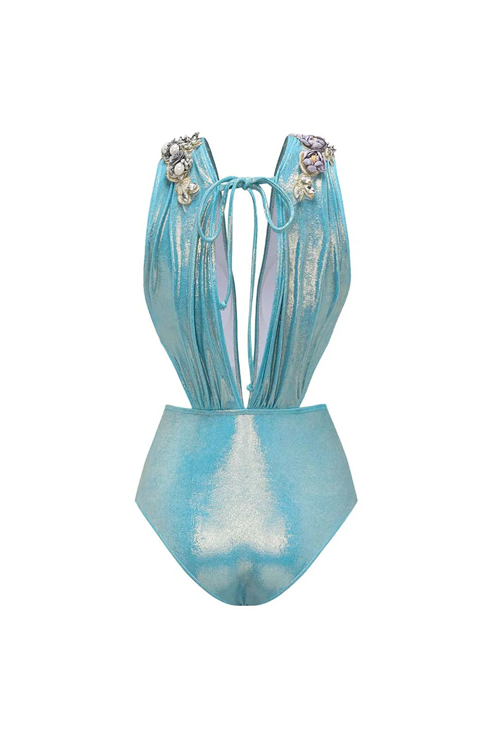 Metallic Blue V-Neck 2 Piece Beaded Swimsuit with Beach Dress - Image 3