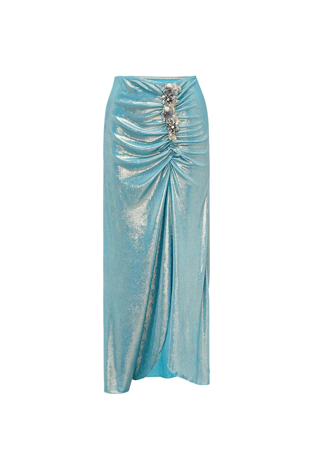 Metallic Blue V-Neck 2 Piece Beaded Swimsuit with Beach Dress - Image 4