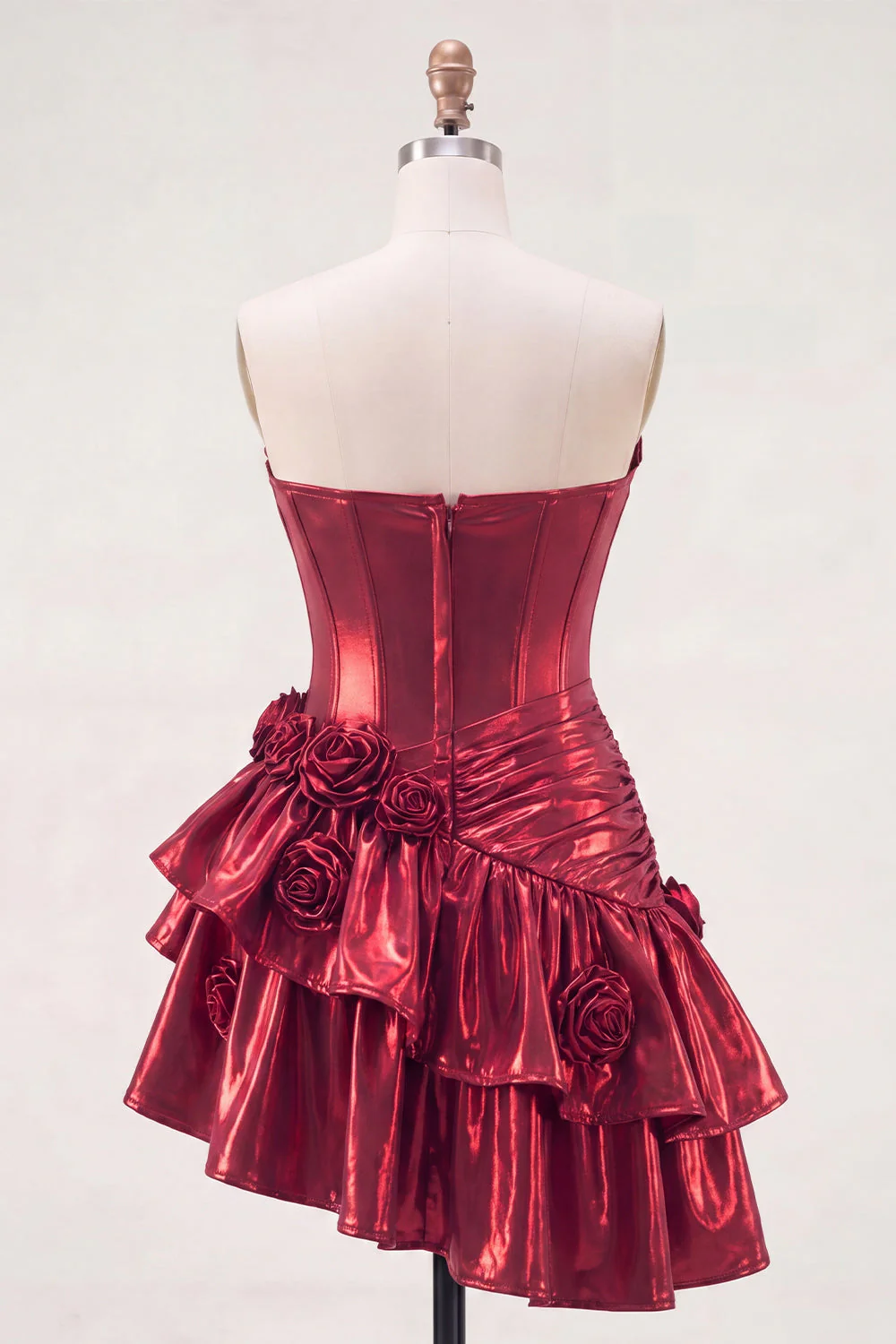 Metallic Burgundy Ruffled A-Line Off the Shoulder Corset Cocktail Dress with 3D Flowers - Image 2