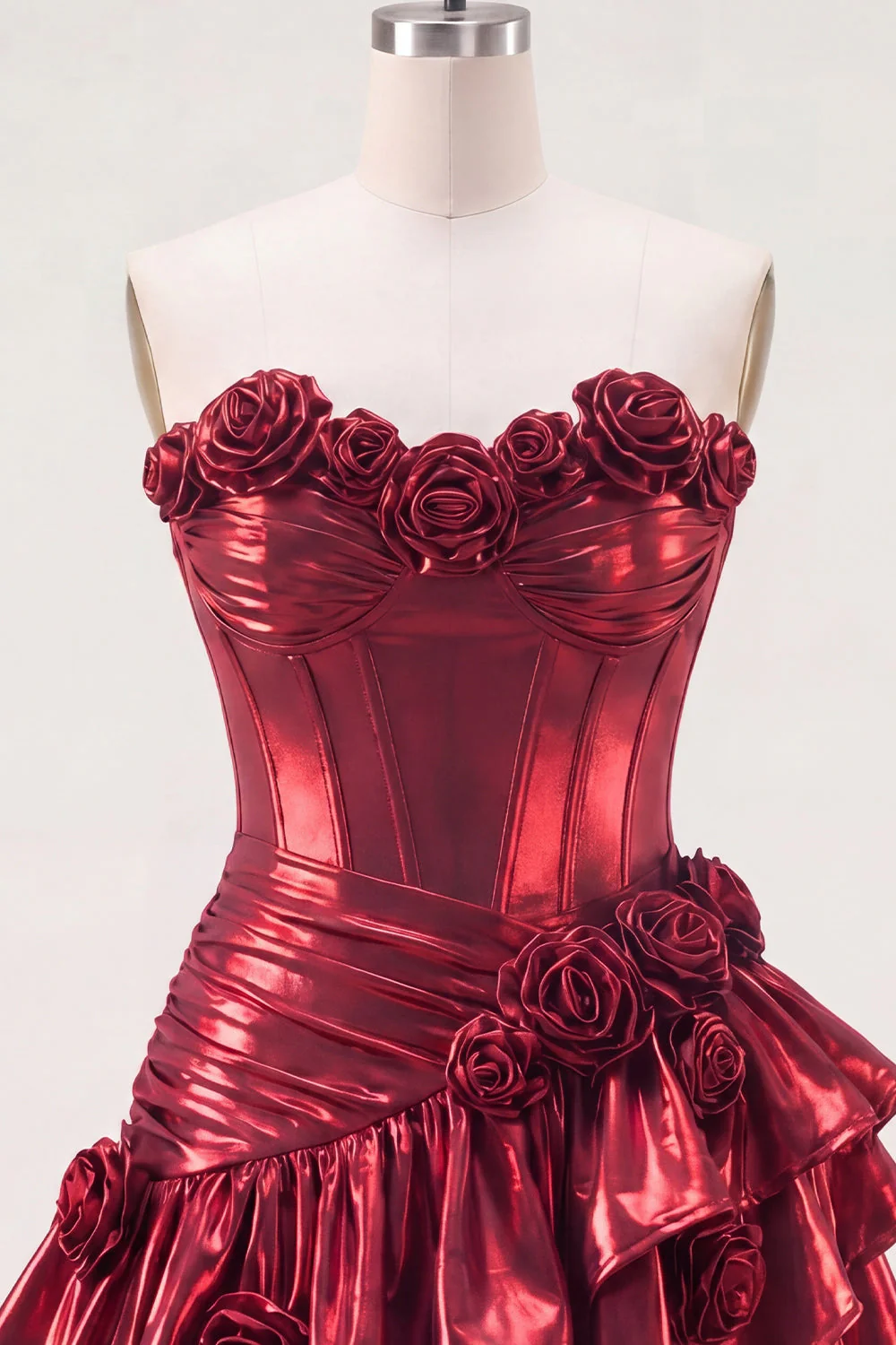 Metallic Burgundy Ruffled A-Line Off the Shoulder Corset Cocktail Dress with 3D Flowers - Image 8
