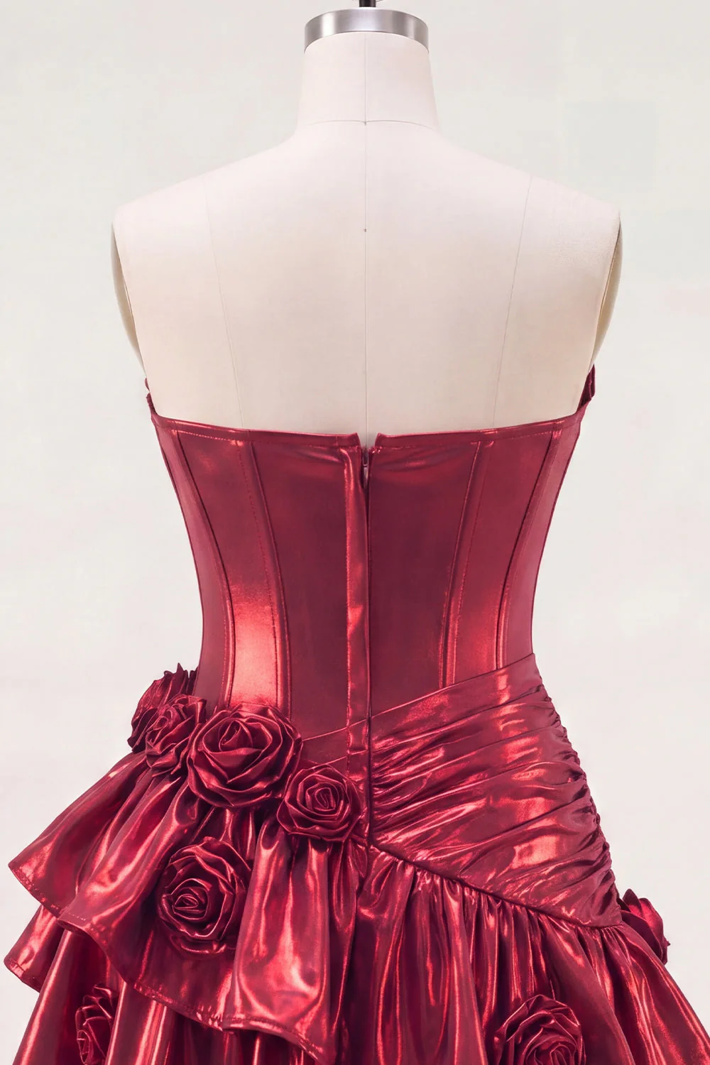 Metallic Burgundy Ruffled A-Line Off the Shoulder Corset Cocktail Dress with 3D Flowers - Image 9