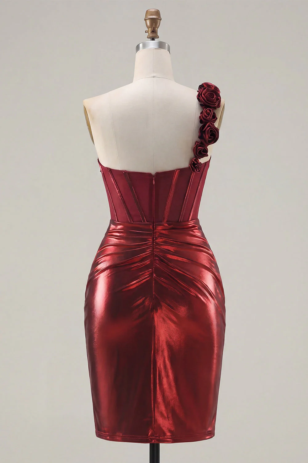 Metallic Burgundy One Shoulder Corset Bodycon Cocktail Dress with 3D Flowers - Image 2