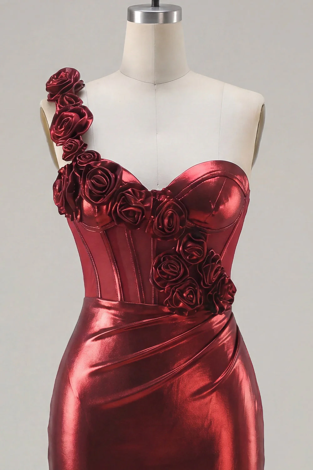 Metallic Burgundy One Shoulder Corset Bodycon Cocktail Dress with 3D Flowers - Image 7