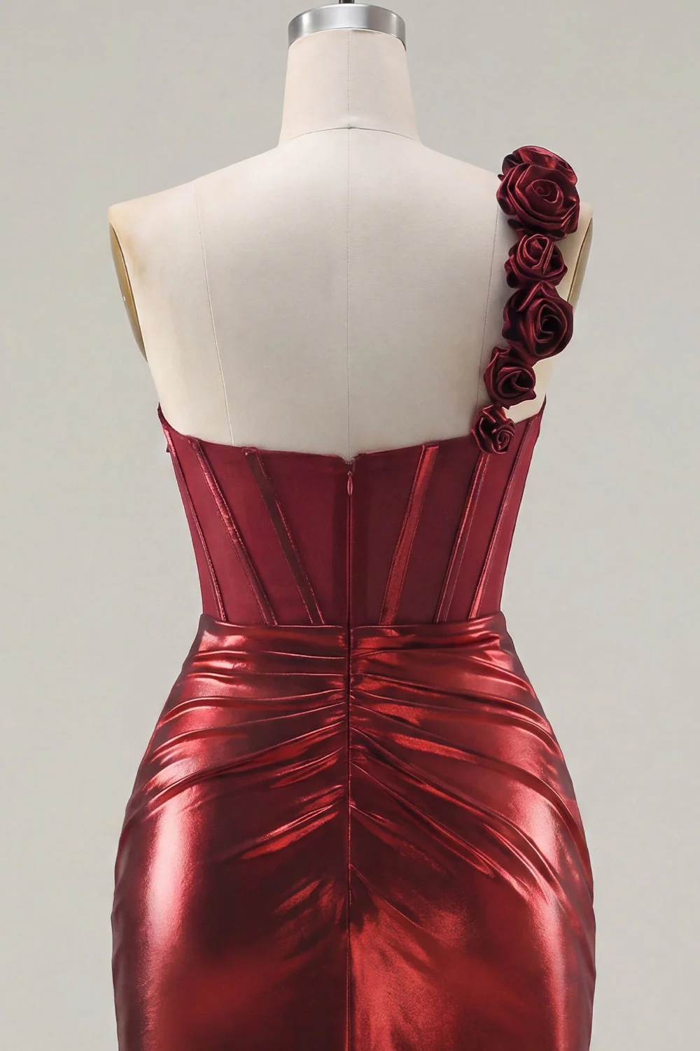Metallic Burgundy One Shoulder Corset Bodycon Cocktail Dress with 3D Flowers - Image 8