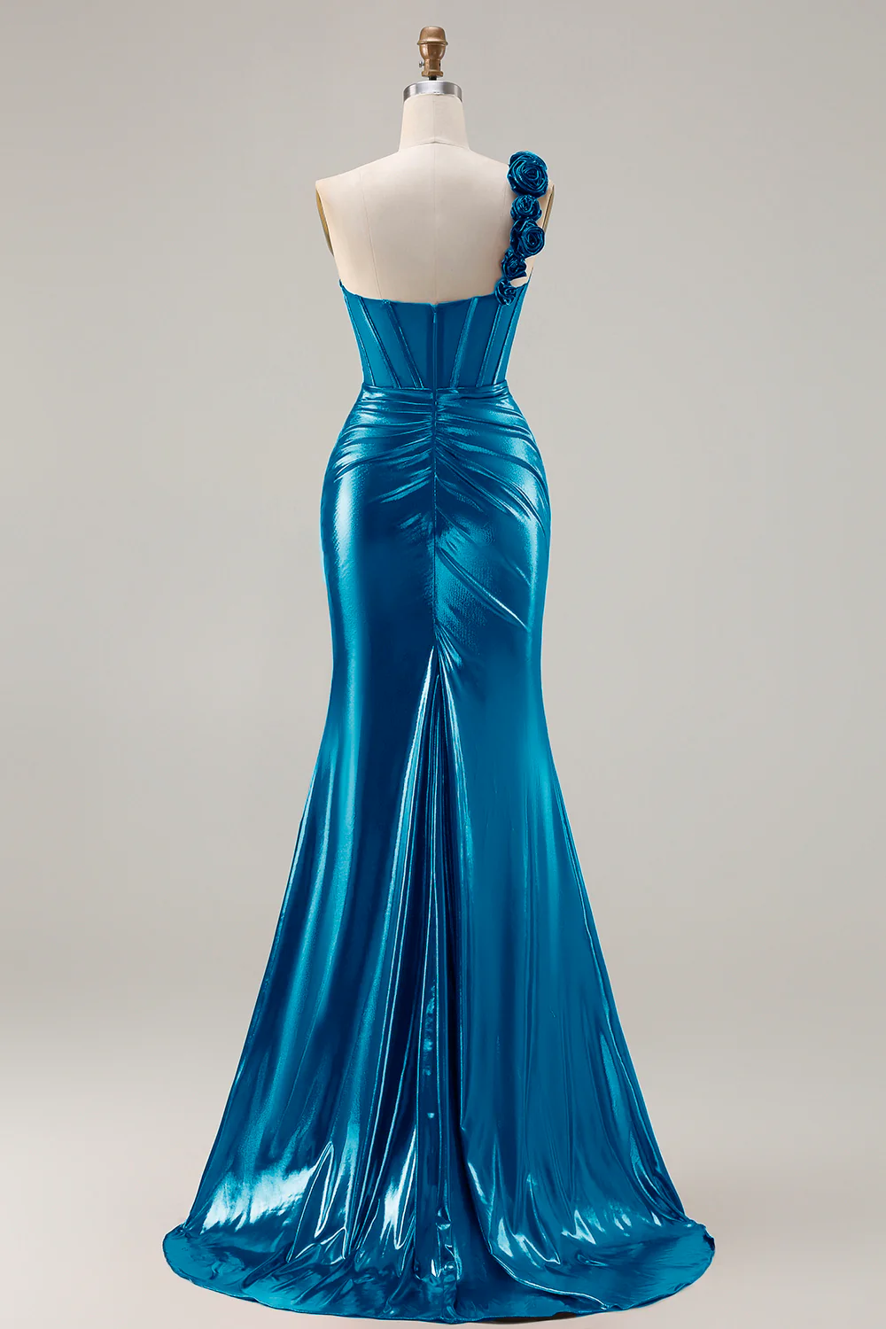Metallic Burgundy One Shoulder Mermaid Side Slit Long Prom Dress with 3D Flowers - Image 10