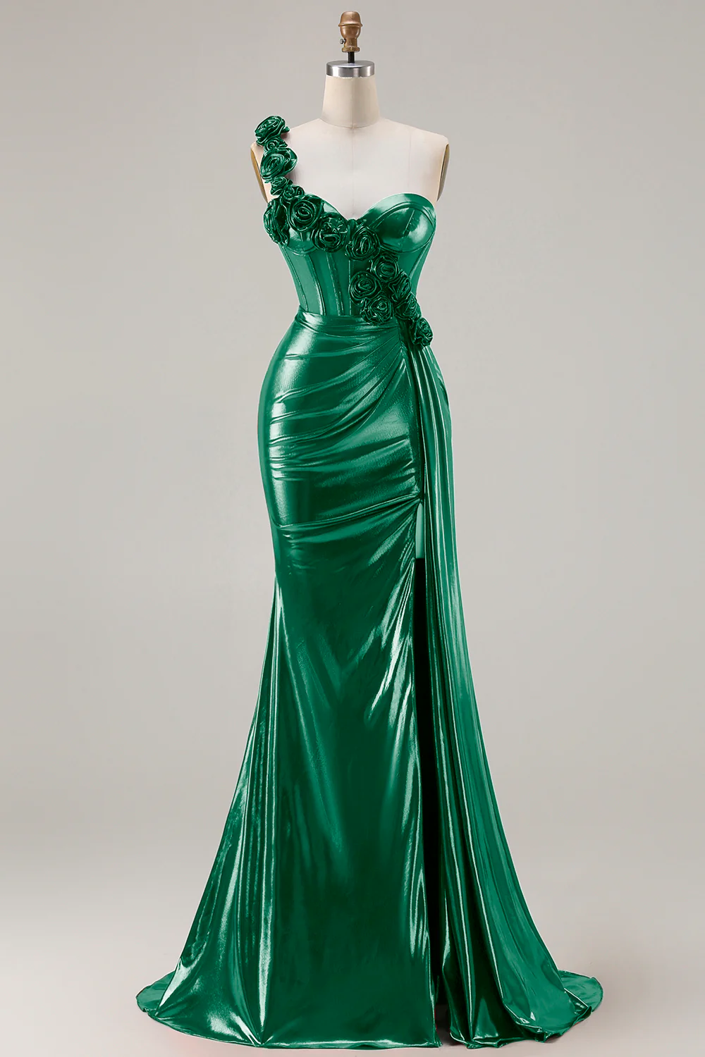 Metallic Burgundy One Shoulder Mermaid Side Slit Long Prom Dress with 3D Flowers - Image 11