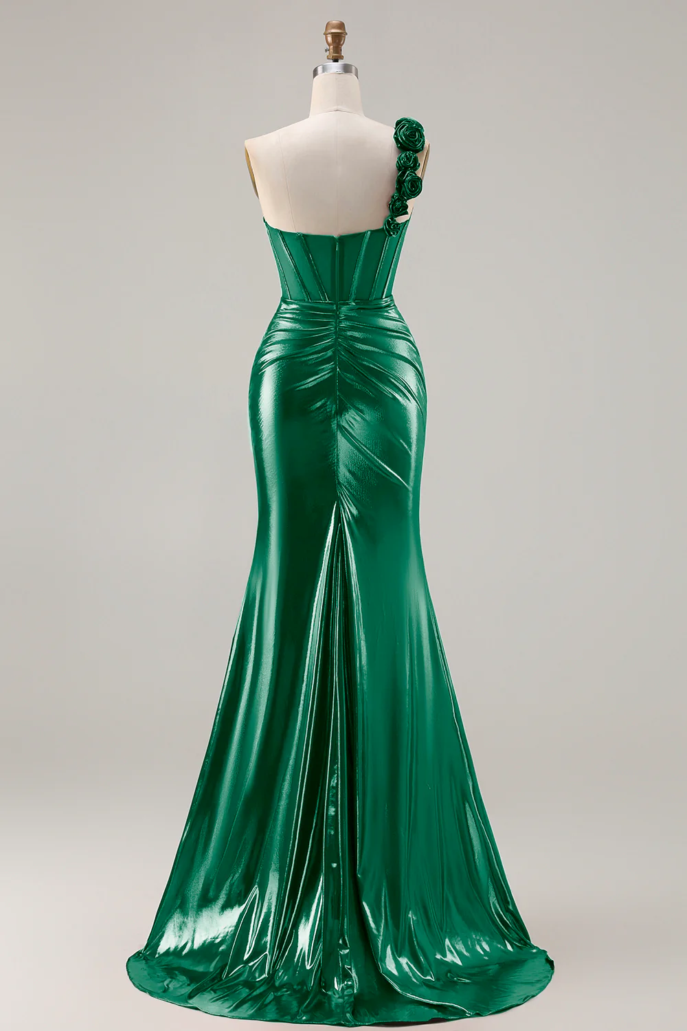 Metallic Burgundy One Shoulder Mermaid Side Slit Long Prom Dress with 3D Flowers - Image 12