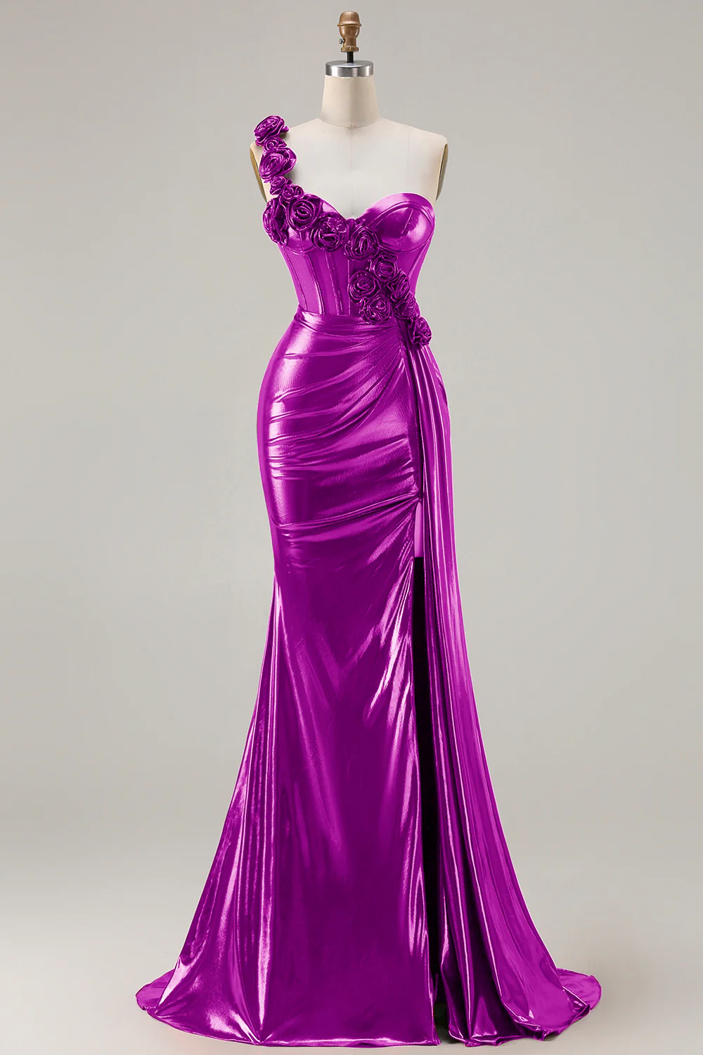 Metallic Burgundy One Shoulder Mermaid Side Slit Long Prom Dress with 3D Flowers - Image 13