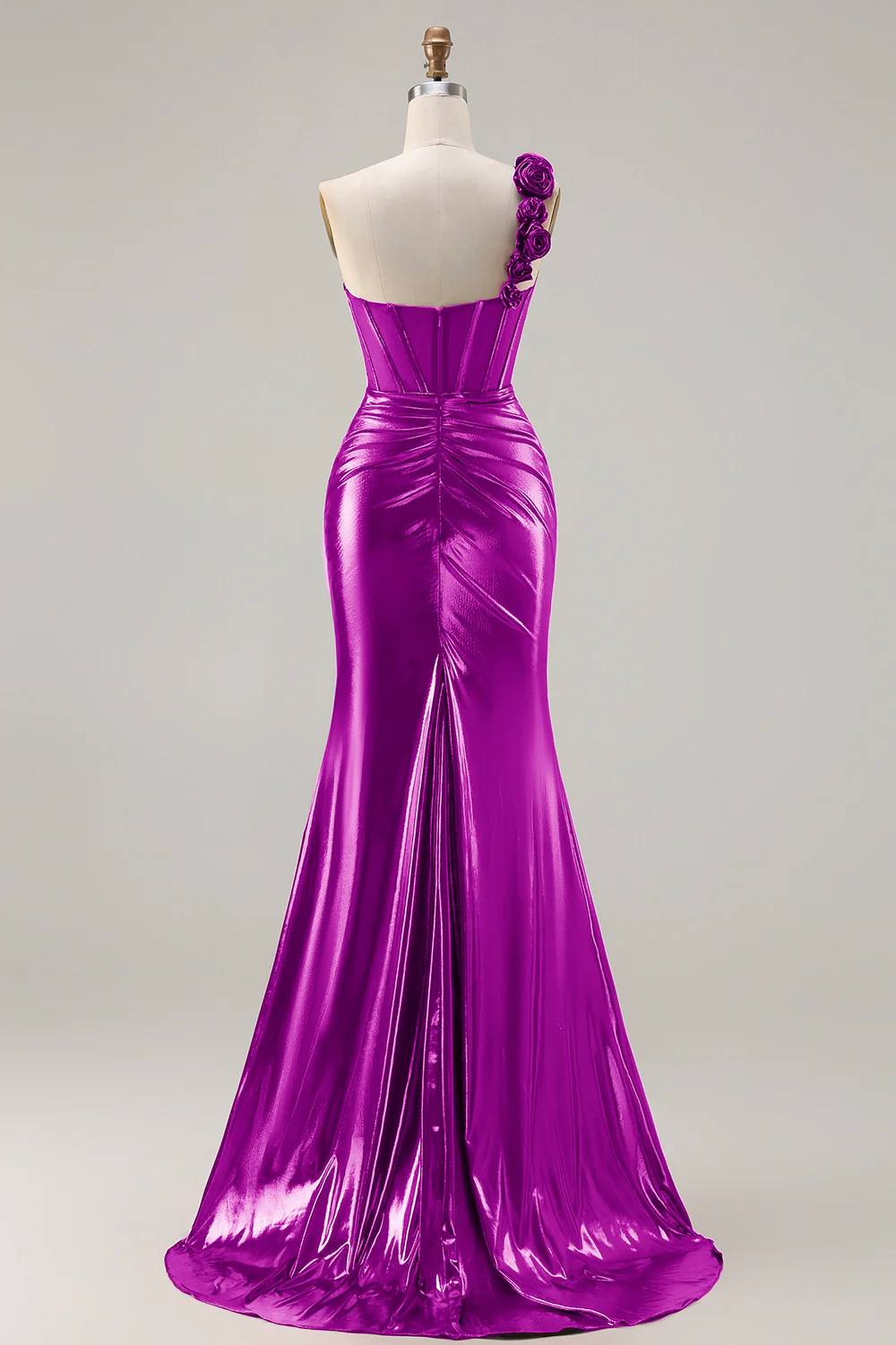 Metallic Burgundy One Shoulder Mermaid Side Slit Long Prom Dress with 3D Flowers - Image 14