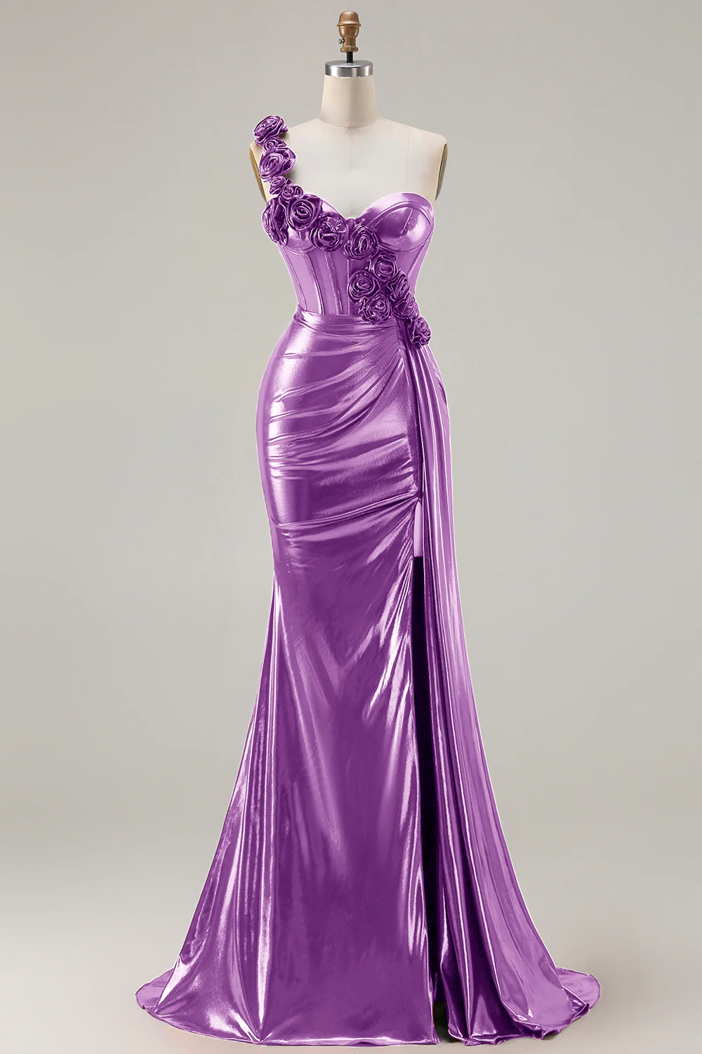 Metallic Burgundy One Shoulder Mermaid Side Slit Long Prom Dress with 3D Flowers - Image 15