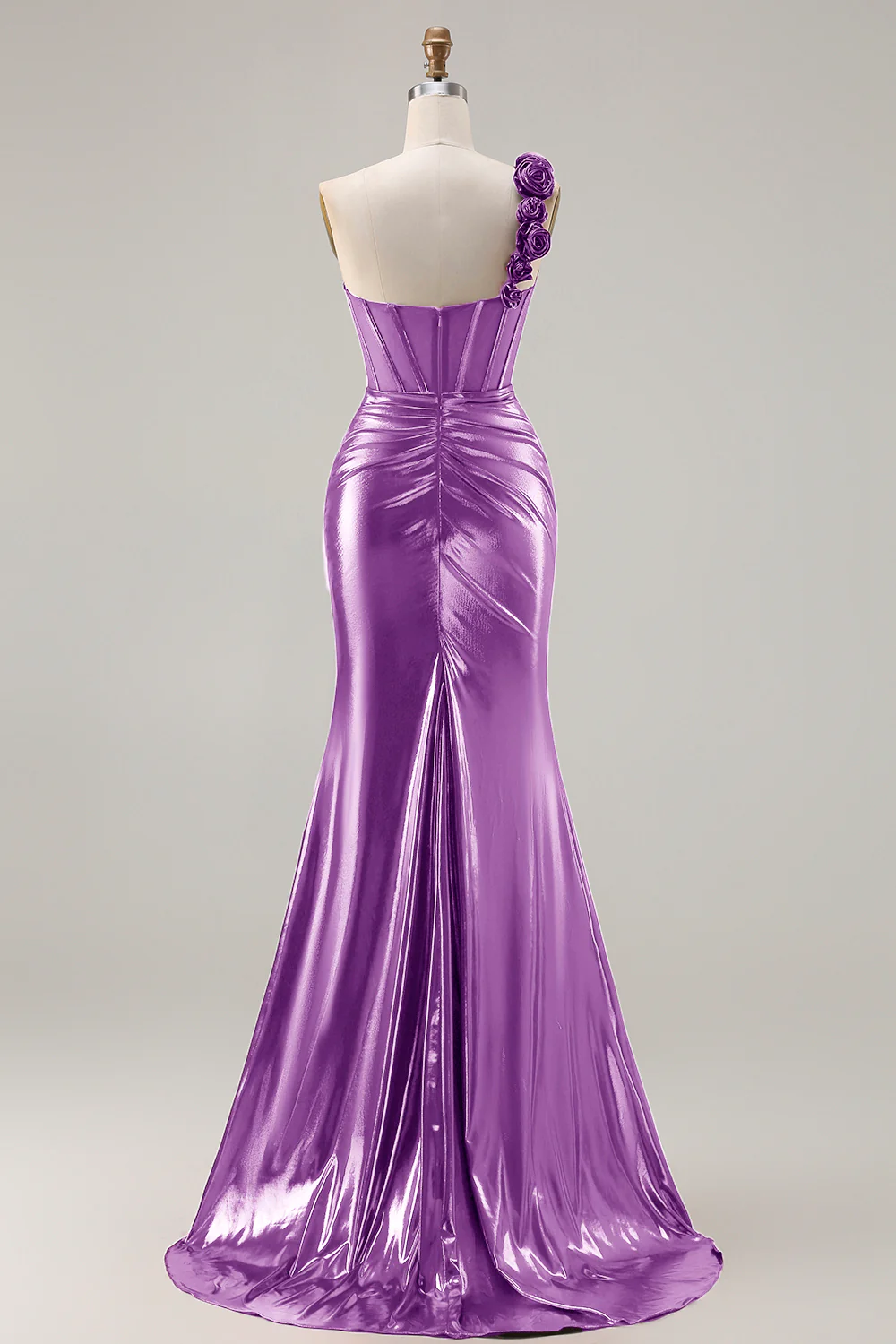 Metallic Burgundy One Shoulder Mermaid Side Slit Long Prom Dress with 3D Flowers - Image 16