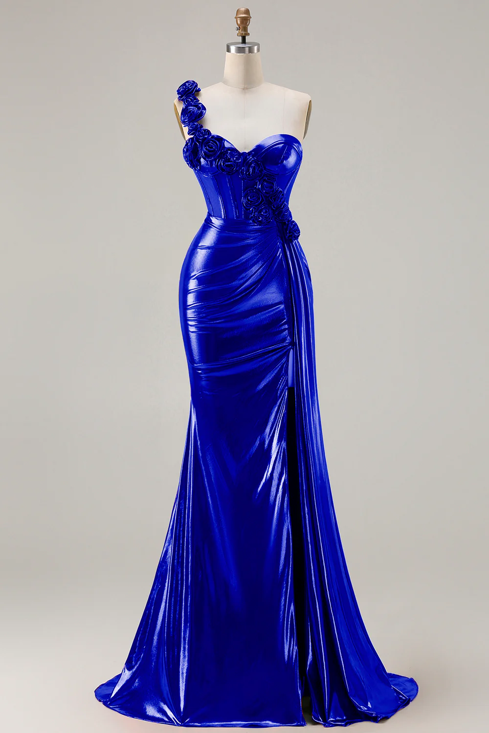 Metallic Burgundy One Shoulder Mermaid Side Slit Long Prom Dress with 3D Flowers - Image 17