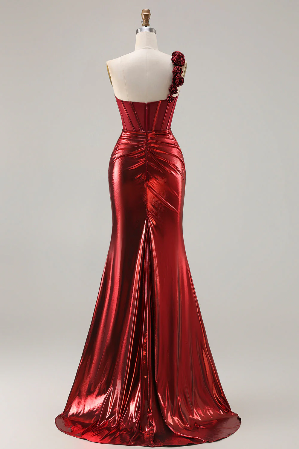 Metallic Burgundy One Shoulder Mermaid Side Slit Long Prom Dress with 3D Flowers - Image 2