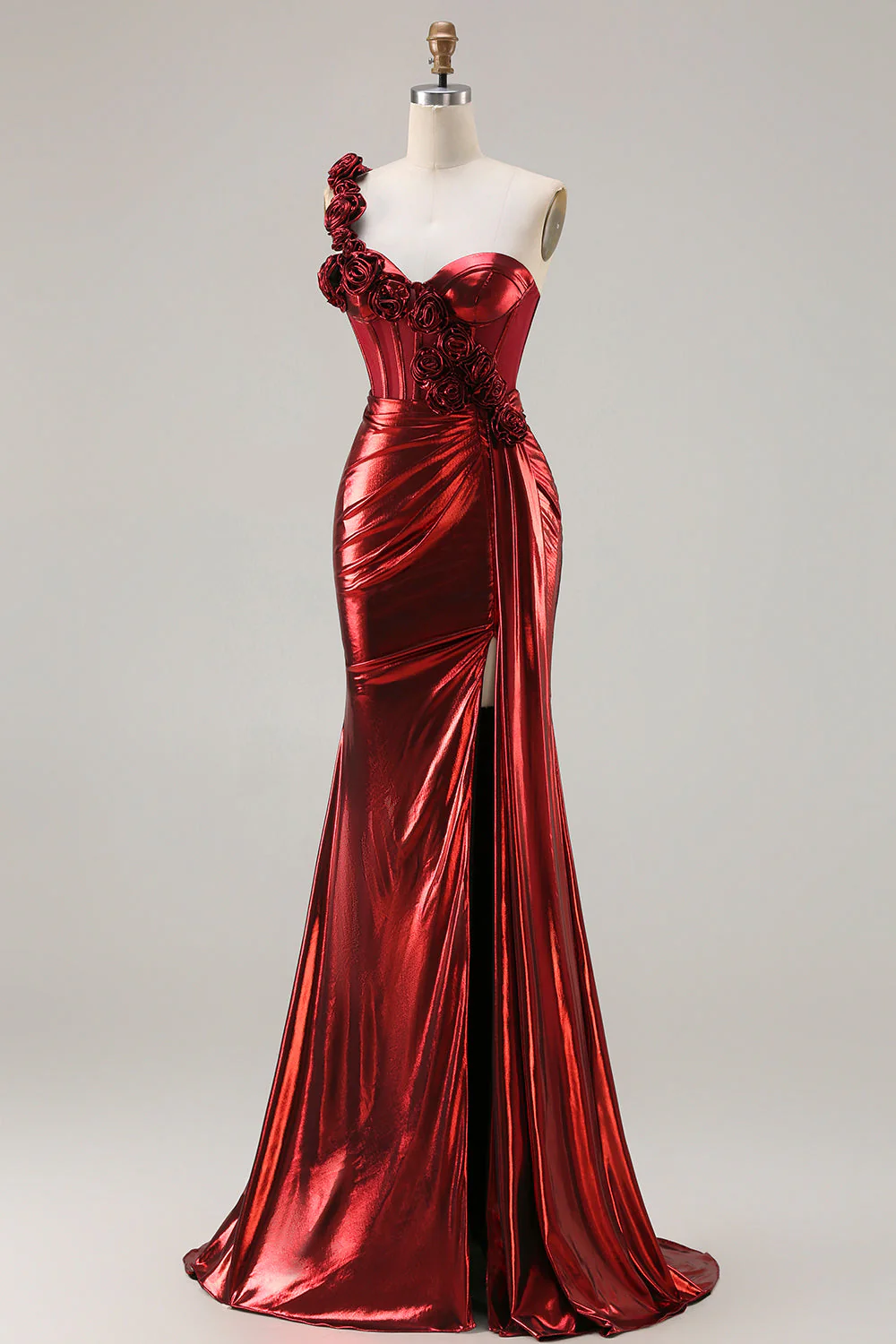 Metallic Burgundy One Shoulder Mermaid Side Slit Long Prom Dress with 3D Flowers - Image 3
