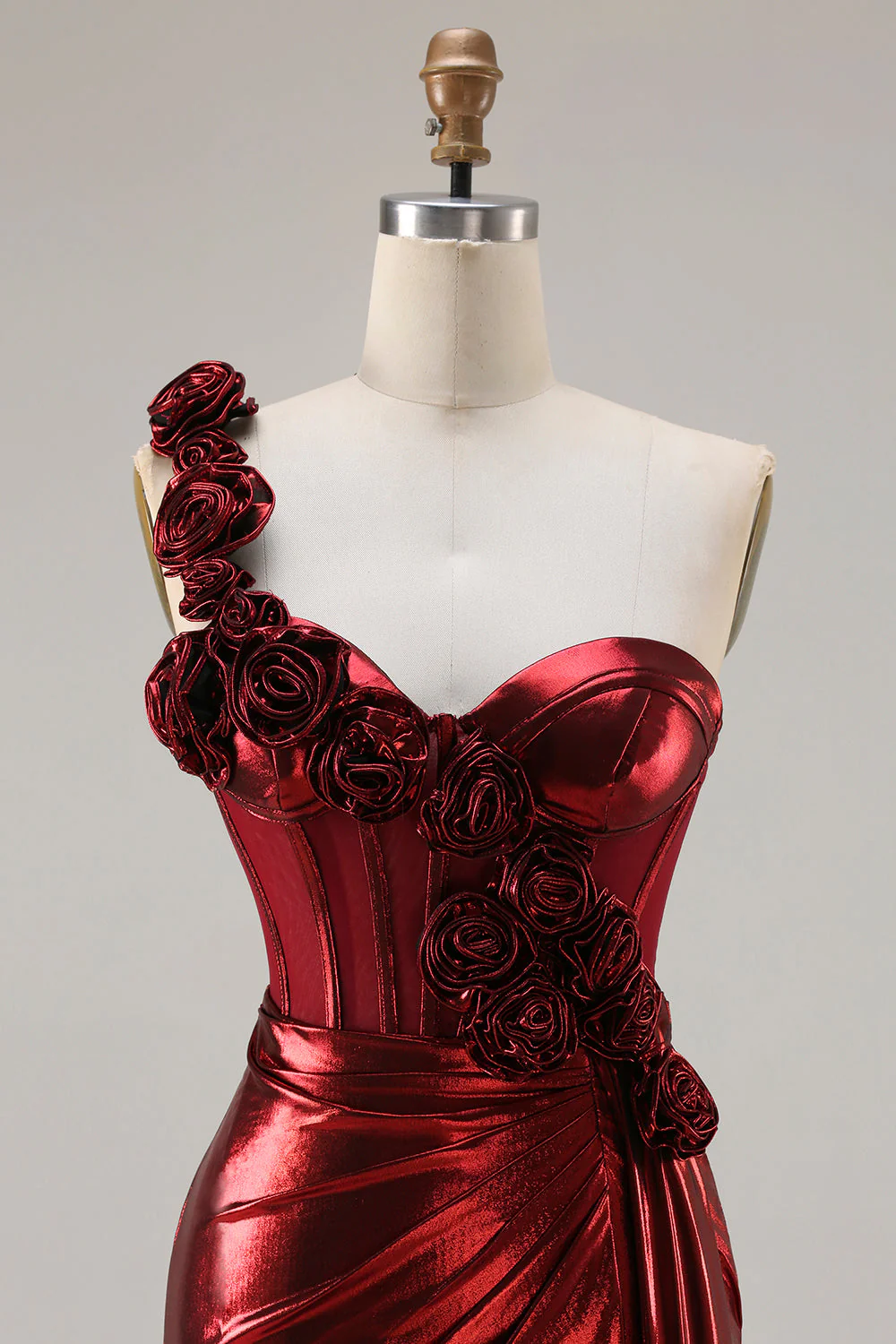 Metallic Burgundy One Shoulder Mermaid Side Slit Long Prom Dress with 3D Flowers - Image 4