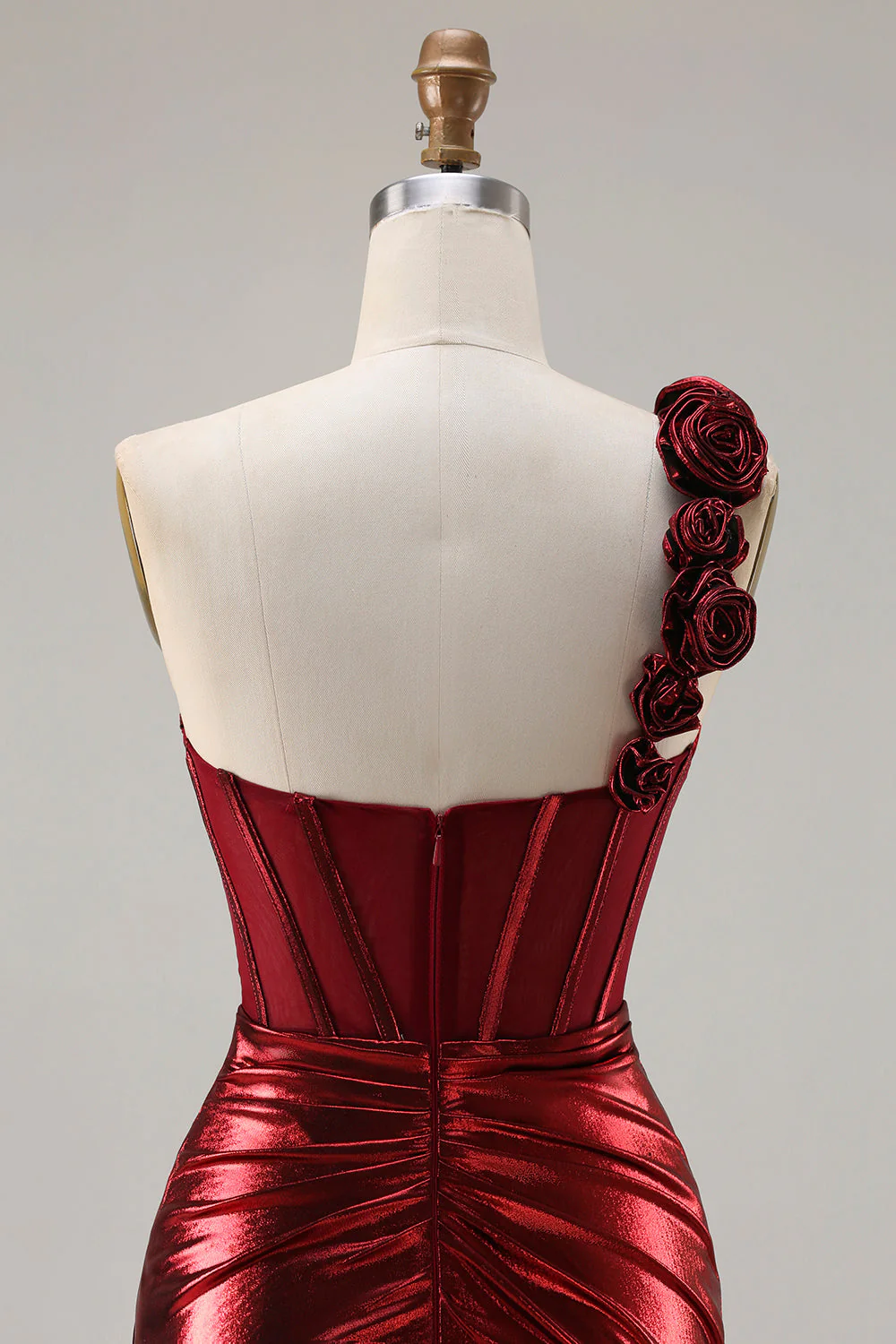 Metallic Burgundy One Shoulder Mermaid Side Slit Long Prom Dress with 3D Flowers - Image 5