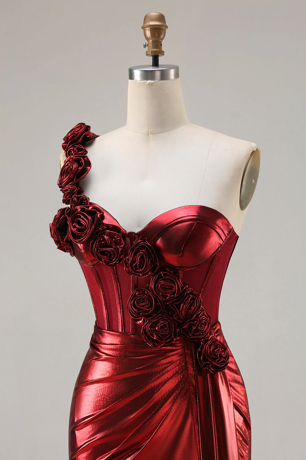 Metallic Burgundy One Shoulder Mermaid Side Slit Long Prom Dress with 3D Flowers - Image 6