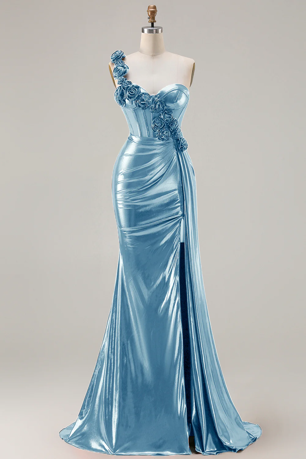 Metallic Burgundy One Shoulder Mermaid Side Slit Long Prom Dress with 3D Flowers - Image 7