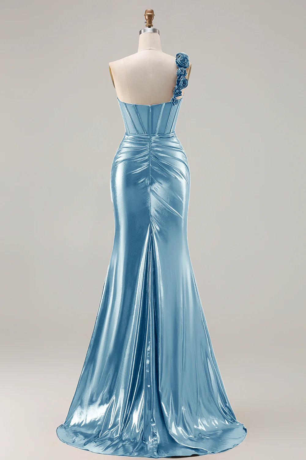 Metallic Burgundy One Shoulder Mermaid Side Slit Long Prom Dress with 3D Flowers - Image 8