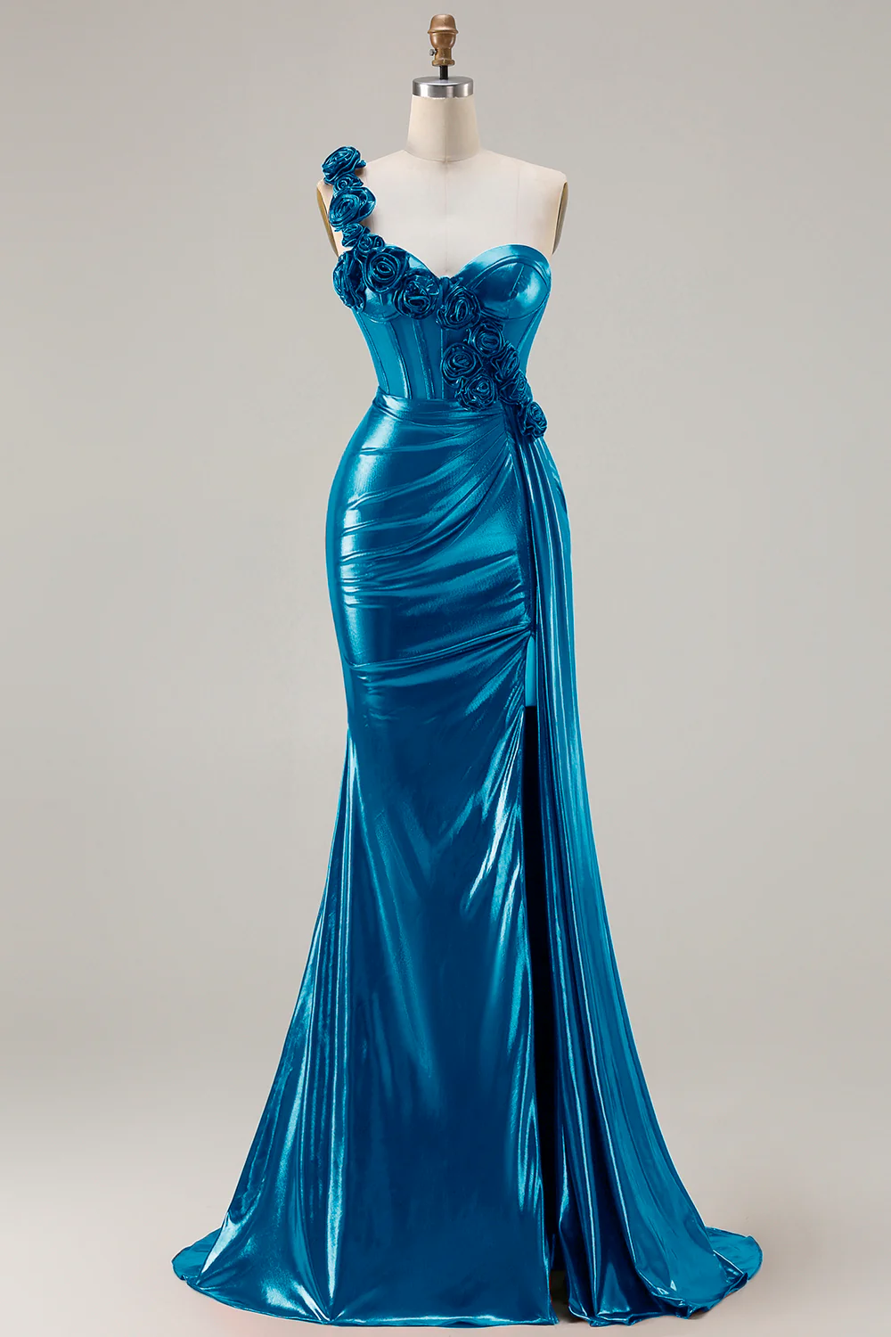 Metallic Burgundy One Shoulder Mermaid Side Slit Long Prom Dress with 3D Flowers - Image 9