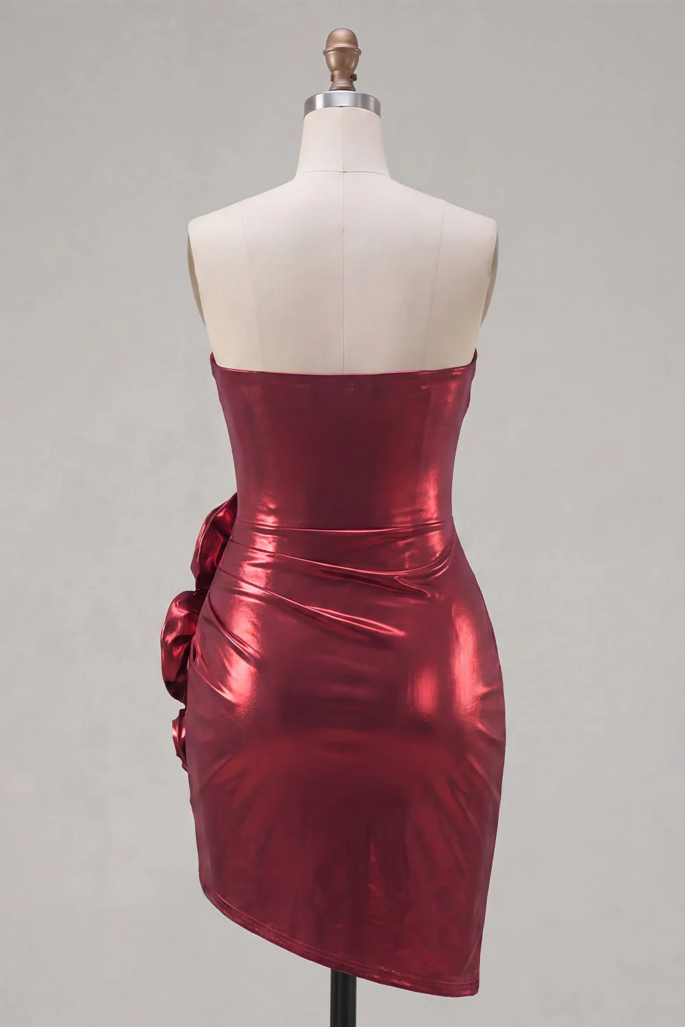 Metallic Burgundy Strapless Bodycon Ruched Cocktail Dress with 3D Flowers - Image 2