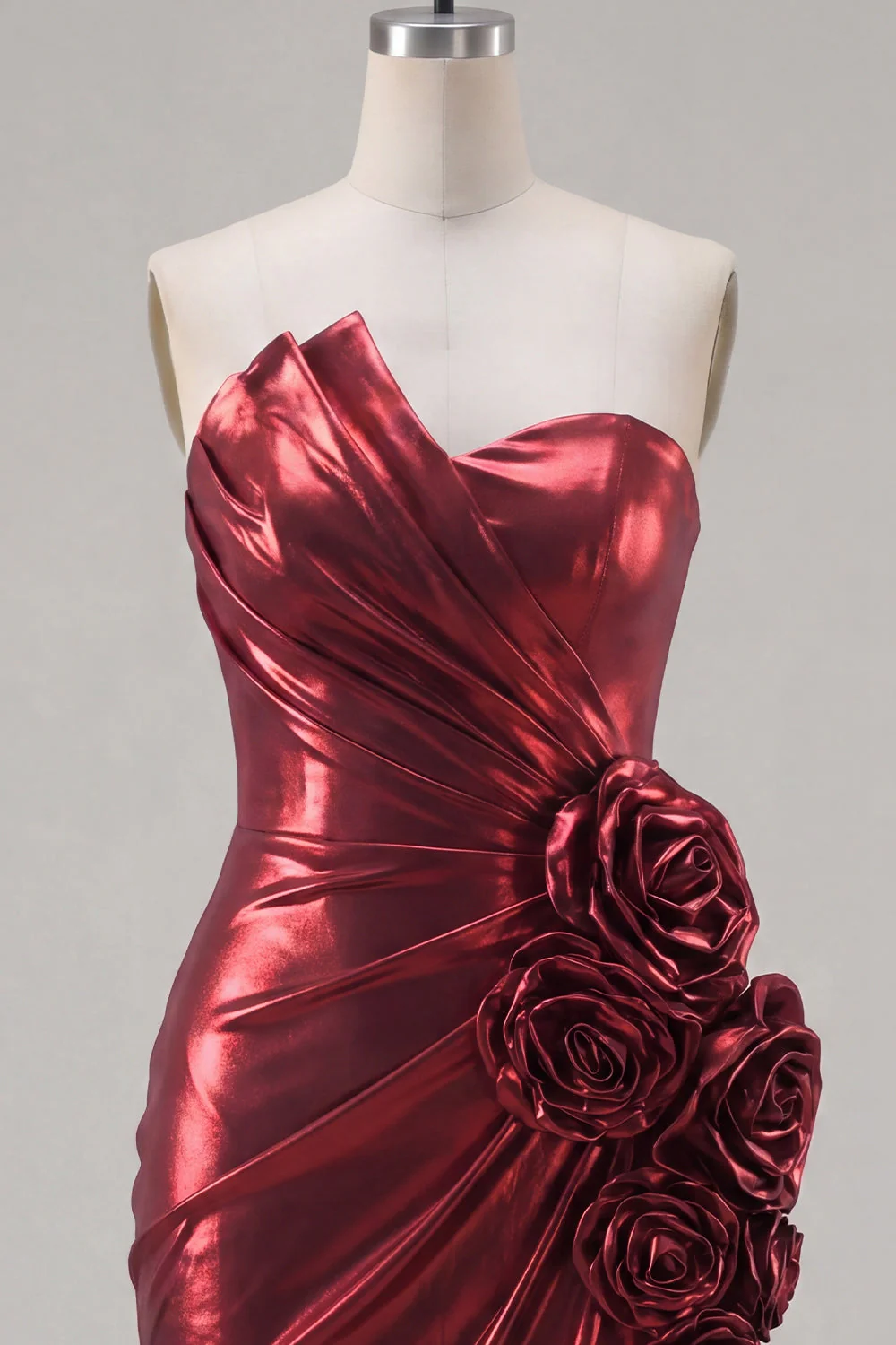 Metallic Burgundy Strapless Bodycon Ruched Cocktail Dress with 3D Flowers - Image 7