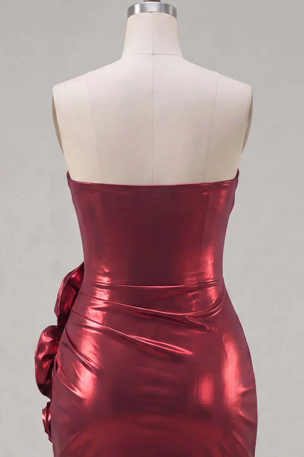 Metallic Burgundy Strapless Bodycon Ruched Cocktail Dress with 3D Flowers - Image 8