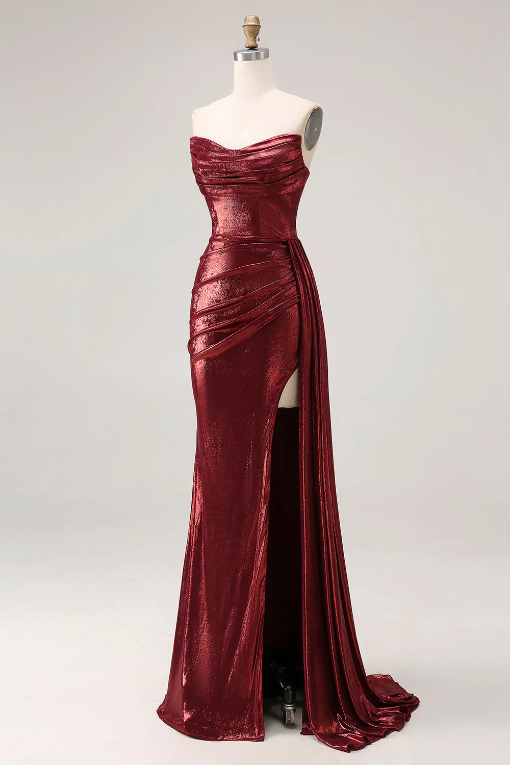 Metallic Burgundy Strapless Ruched Mermaid Long Prom Dress with Slit - Image 3
