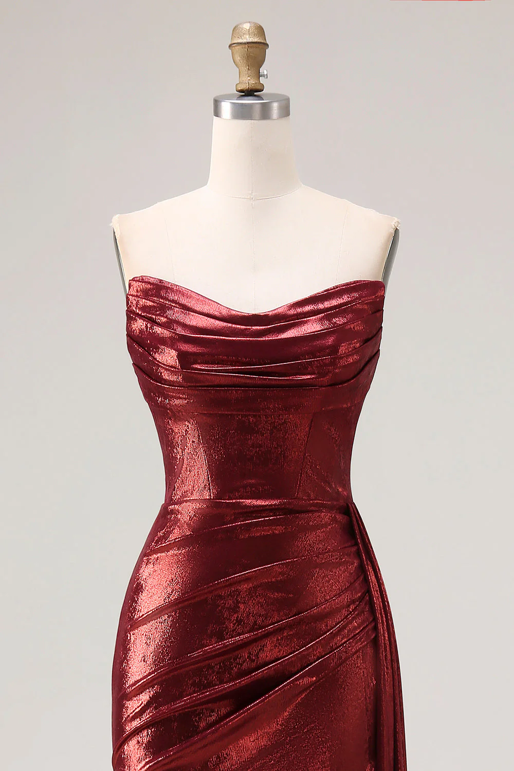Metallic Burgundy Strapless Ruched Mermaid Long Prom Dress with Slit - Image 4