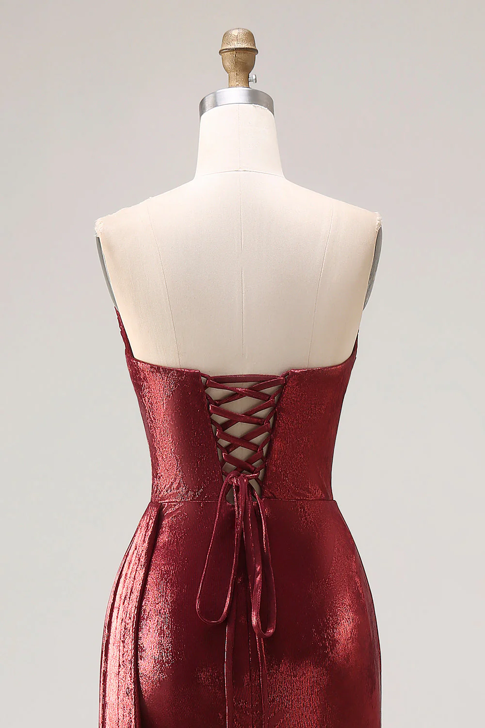Metallic Burgundy Strapless Ruched Mermaid Long Prom Dress with Slit - Image 5