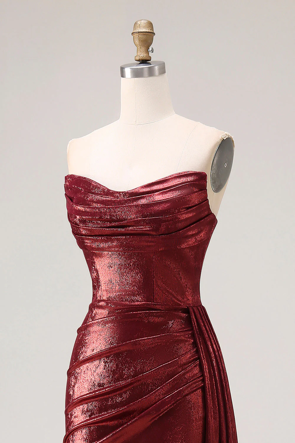 Metallic Burgundy Strapless Ruched Mermaid Long Prom Dress with Slit - Image 6