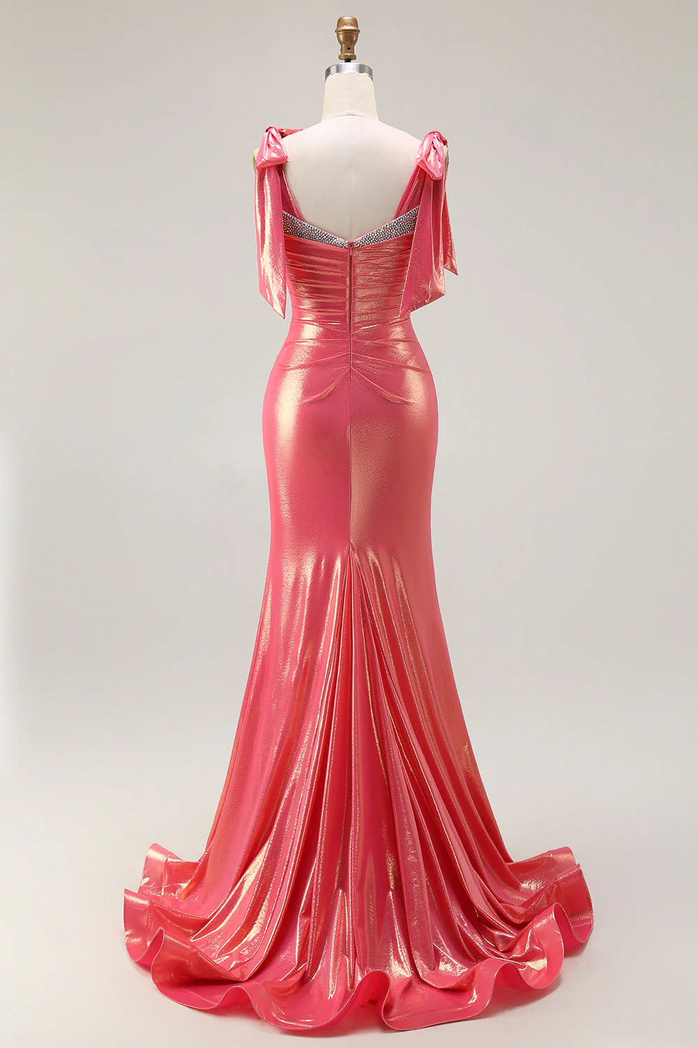 Metallic Coral Beaded Mermaid Ruched Long Prom Dress with Slit - Image 2