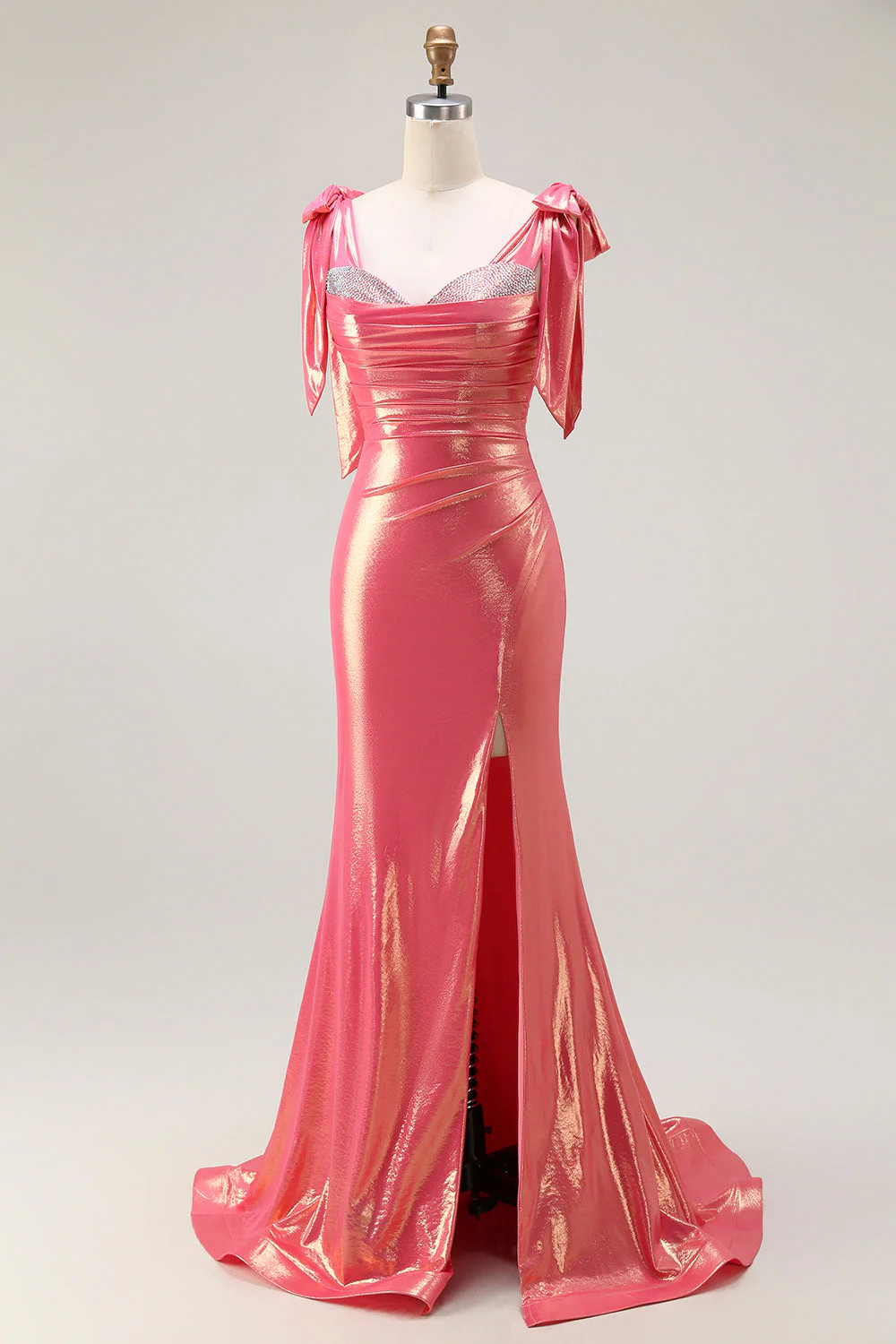 Metallic Coral Beaded Mermaid Ruched Long Prom Dress with Slit - Image 3