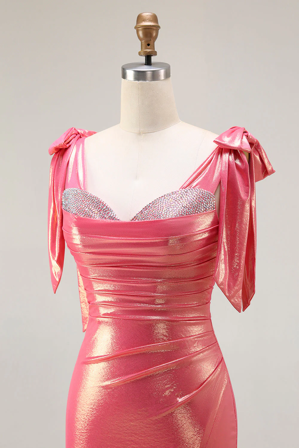 Metallic Coral Beaded Mermaid Ruched Long Prom Dress with Slit - Image 6
