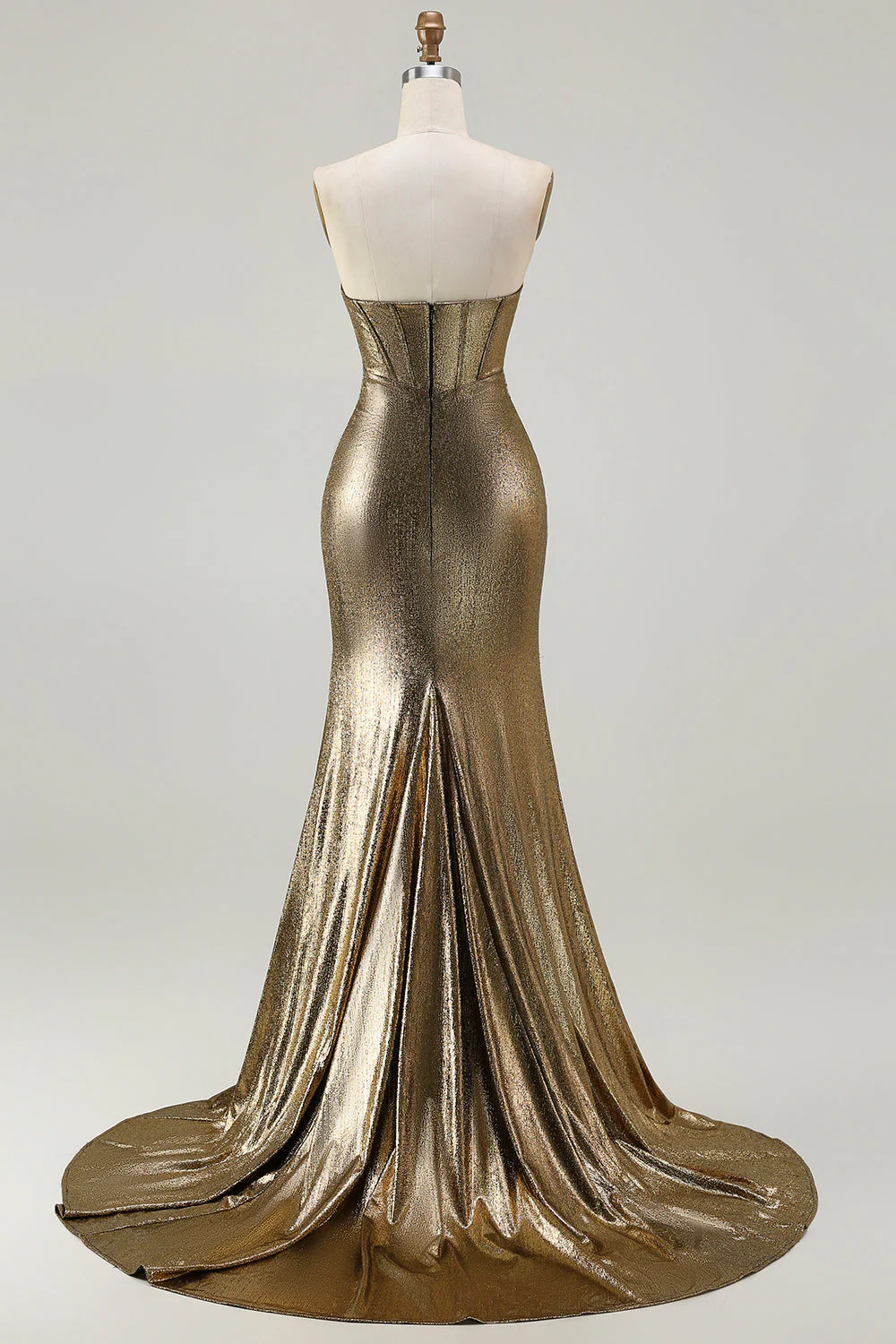 Metallic Dark Golden Beaded Corset Strapless Long Prom Dress - Image 2