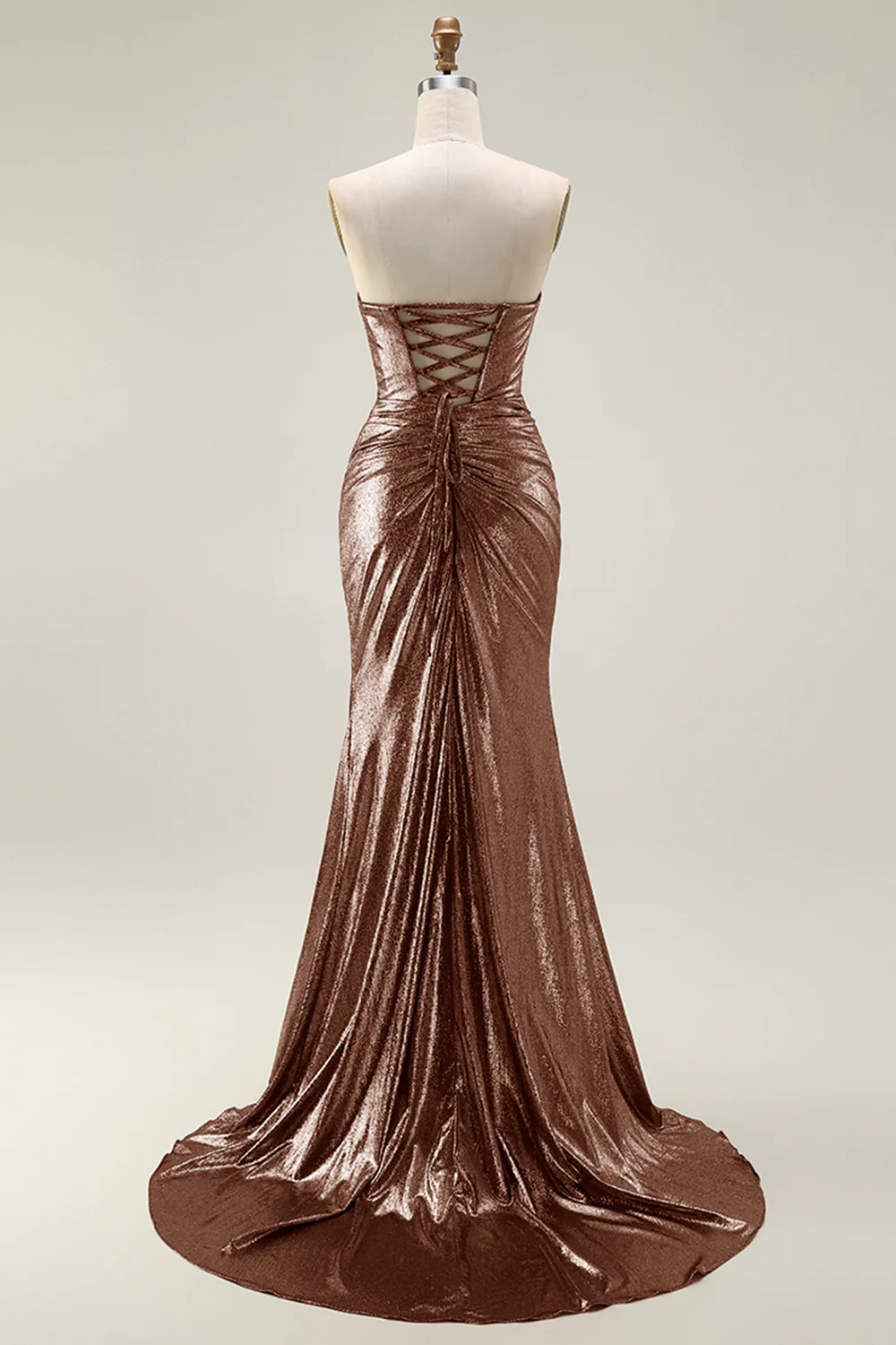 Metallic Dark Golden Mermaid Strapless Cut Out Long Prom Dress with Slit - Image 10