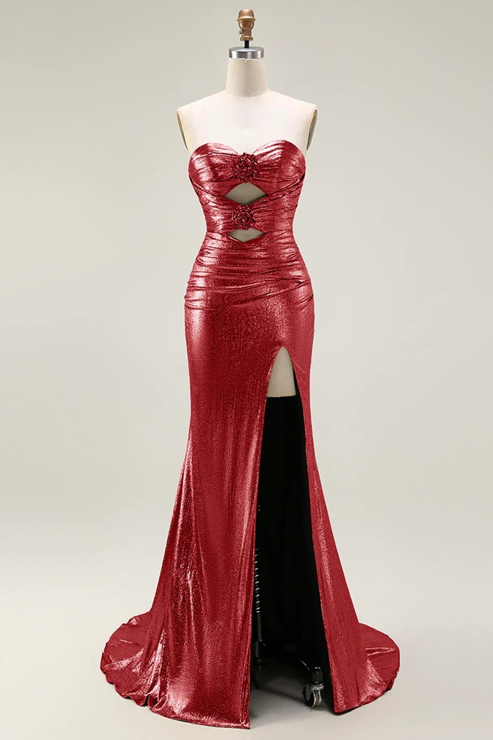 Metallic Dark Golden Mermaid Strapless Cut Out Long Prom Dress with Slit - Image 11