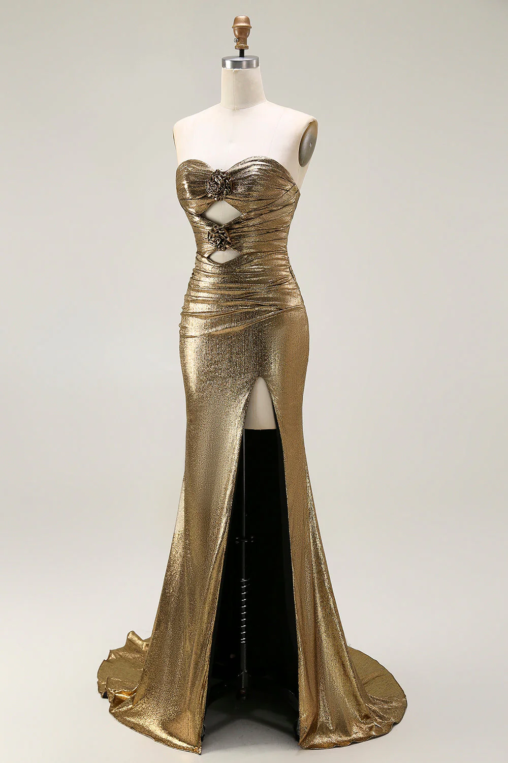 Metallic Dark Golden Mermaid Strapless Cut Out Long Prom Dress with Slit - Image 3