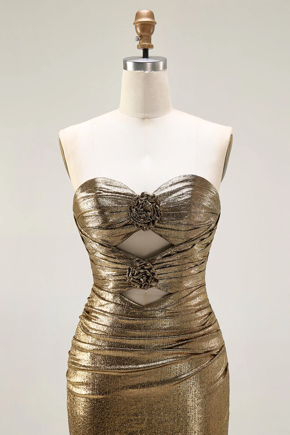 Metallic Dark Golden Mermaid Strapless Cut Out Long Prom Dress with Slit - Image 4