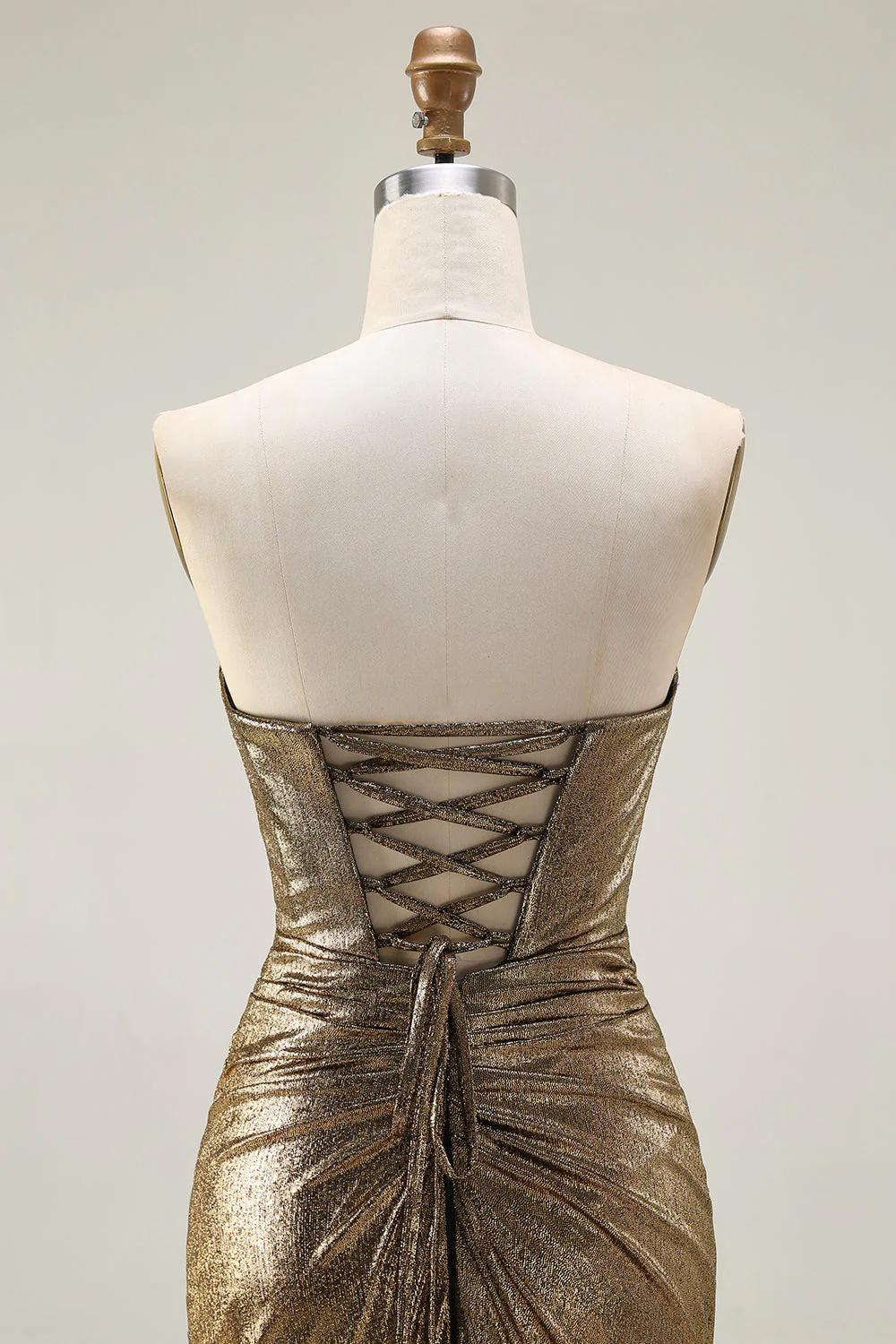 Metallic Dark Golden Mermaid Strapless Cut Out Long Prom Dress with Slit - Image 5
