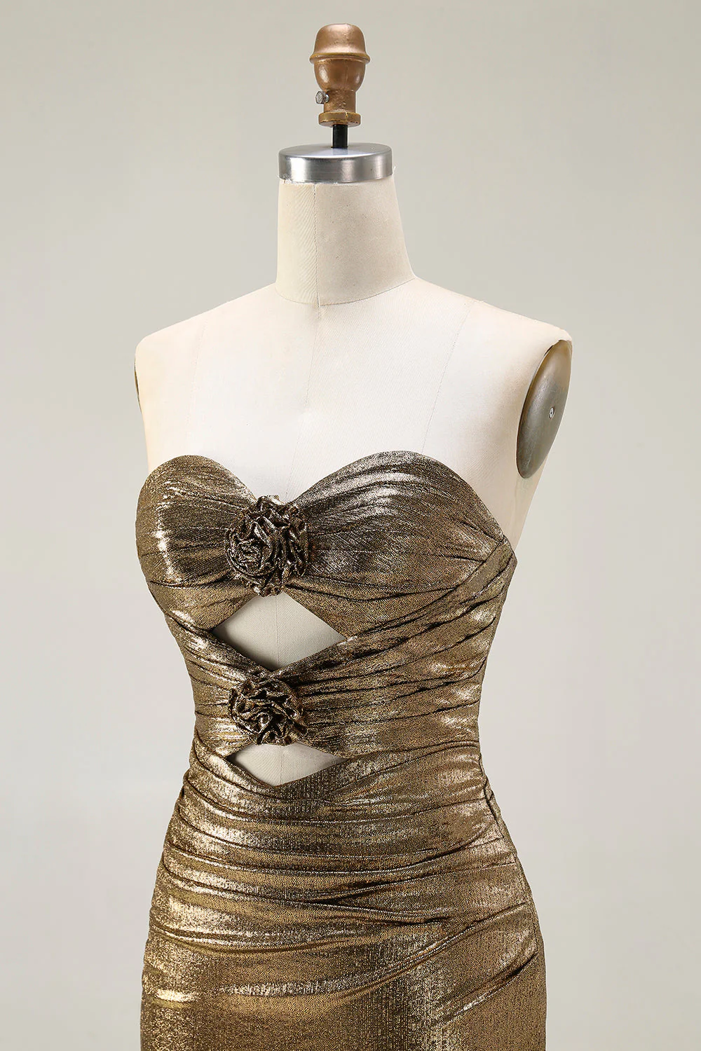 Metallic Dark Golden Mermaid Strapless Cut Out Long Prom Dress with Slit - Image 6